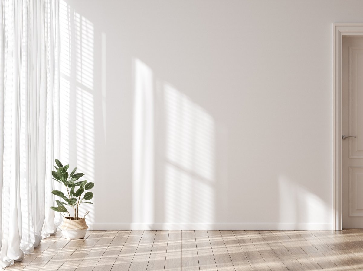 A clean, bright empty interior with crisp white walls, a sharp baseboard, and a polished floor