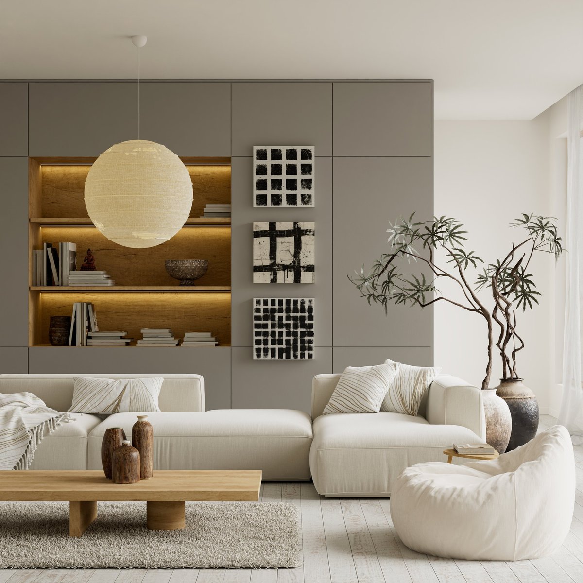 A refined minimalist living room with soft daylight and neutral tones